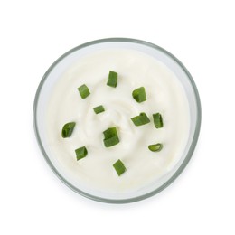 Photo of Tasty yoghurt with green onions in bowl isolated on white, top view