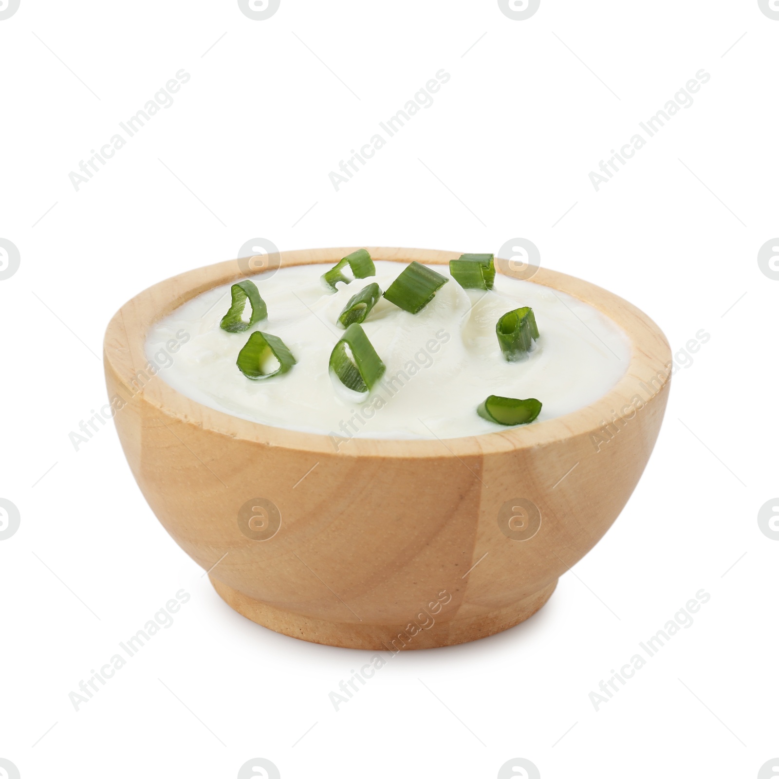 Tasty yoghurt with green onions in bowl isolated on white Photo of Tasty yoghurt with green onions in bowl isolated on white