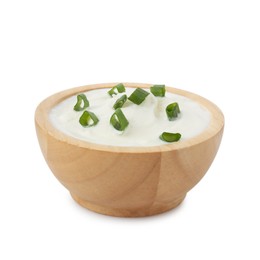 Photo of Tasty yoghurt with green onions in bowl isolated on white