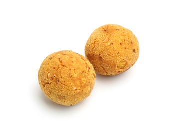 Photo of Delicious fried croquette balls isolated on white, above view