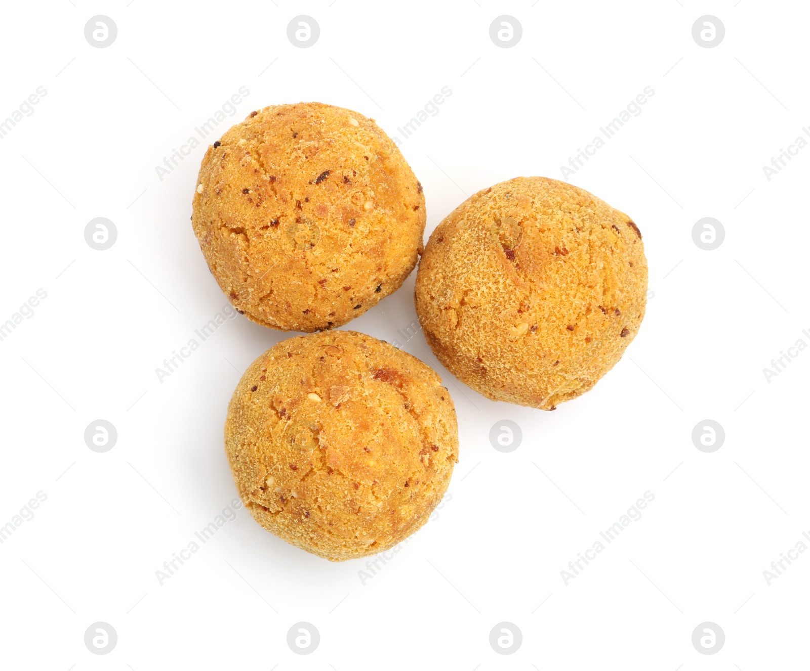 Photo of Delicious fried croquette balls isolated on white, top view