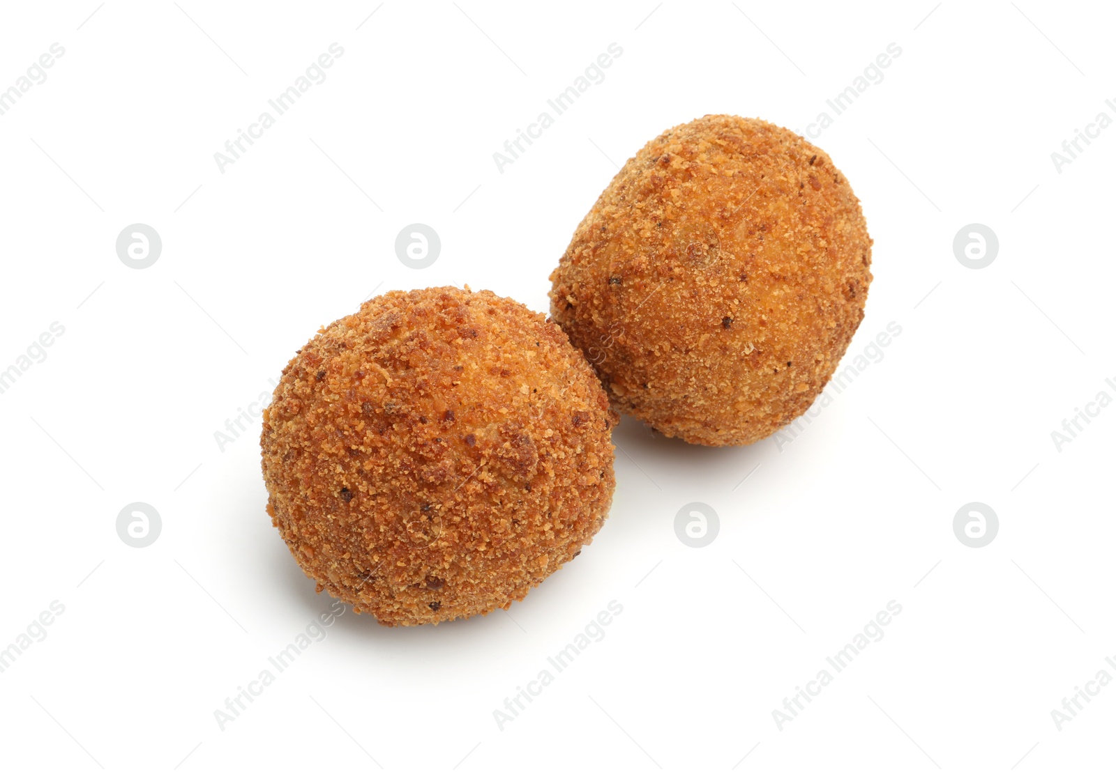 Delicious fried croquette balls isolated on white, above view Photo of Delicious fried croquette balls isolated on white, above view