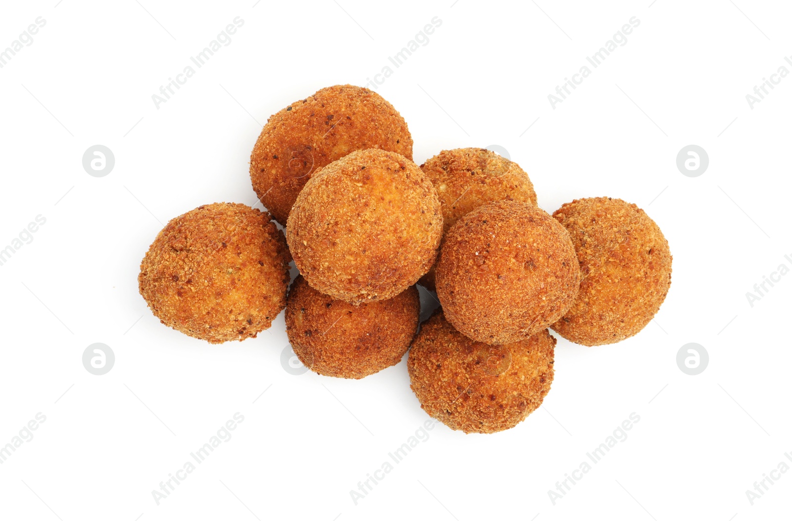 Delicious fried croquette balls isolated on white, top view Photo of Delicious fried croquette balls isolated on white, top view