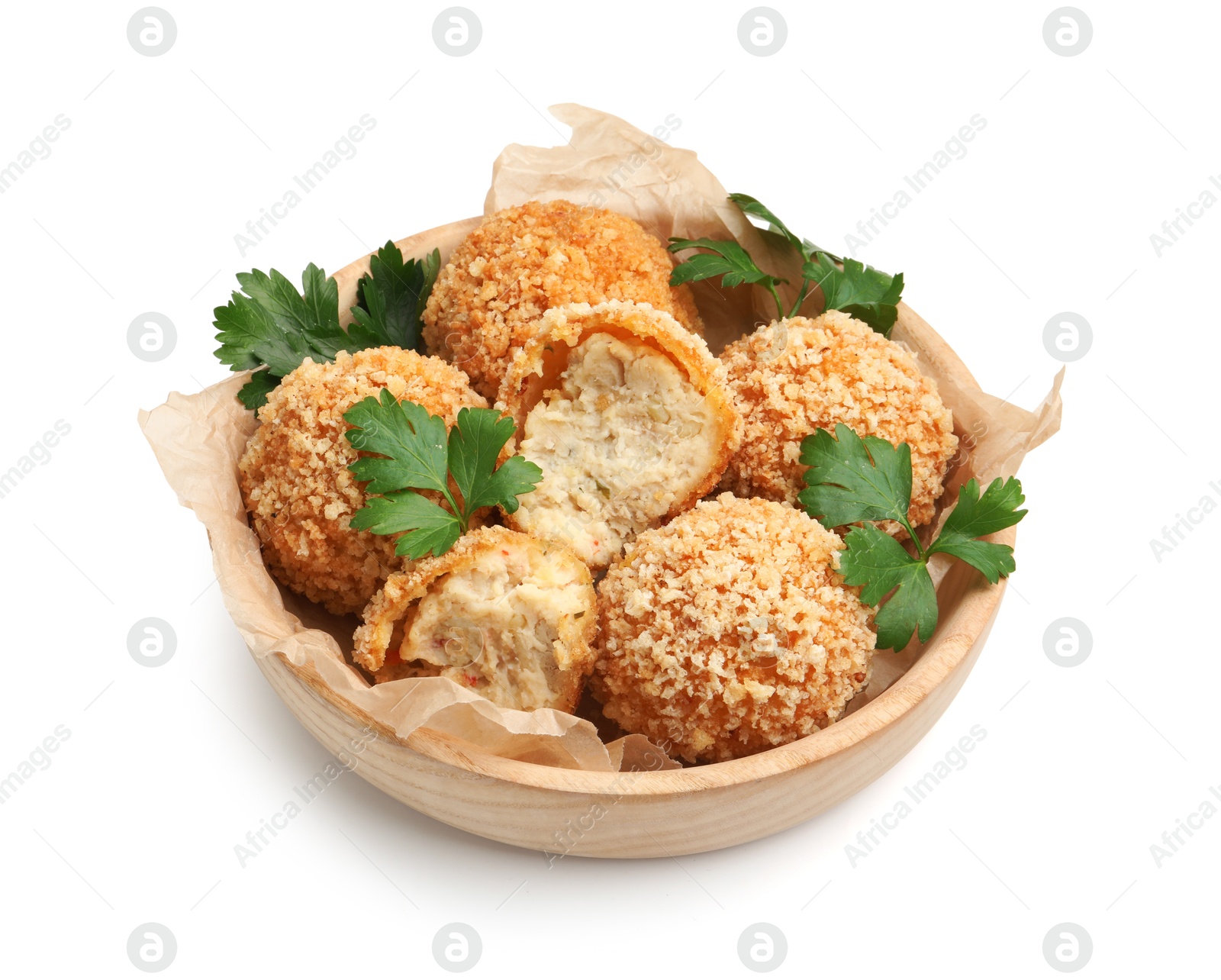 Delicious fried croquette balls with parsley isolated on white Photo of Delicious fried croquette balls with parsley isolated on white