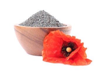 Photo of Poppy seeds in bowl and red flower isolated on white