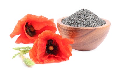 Photo of Poppy seeds in bowl and red flowers isolated on white