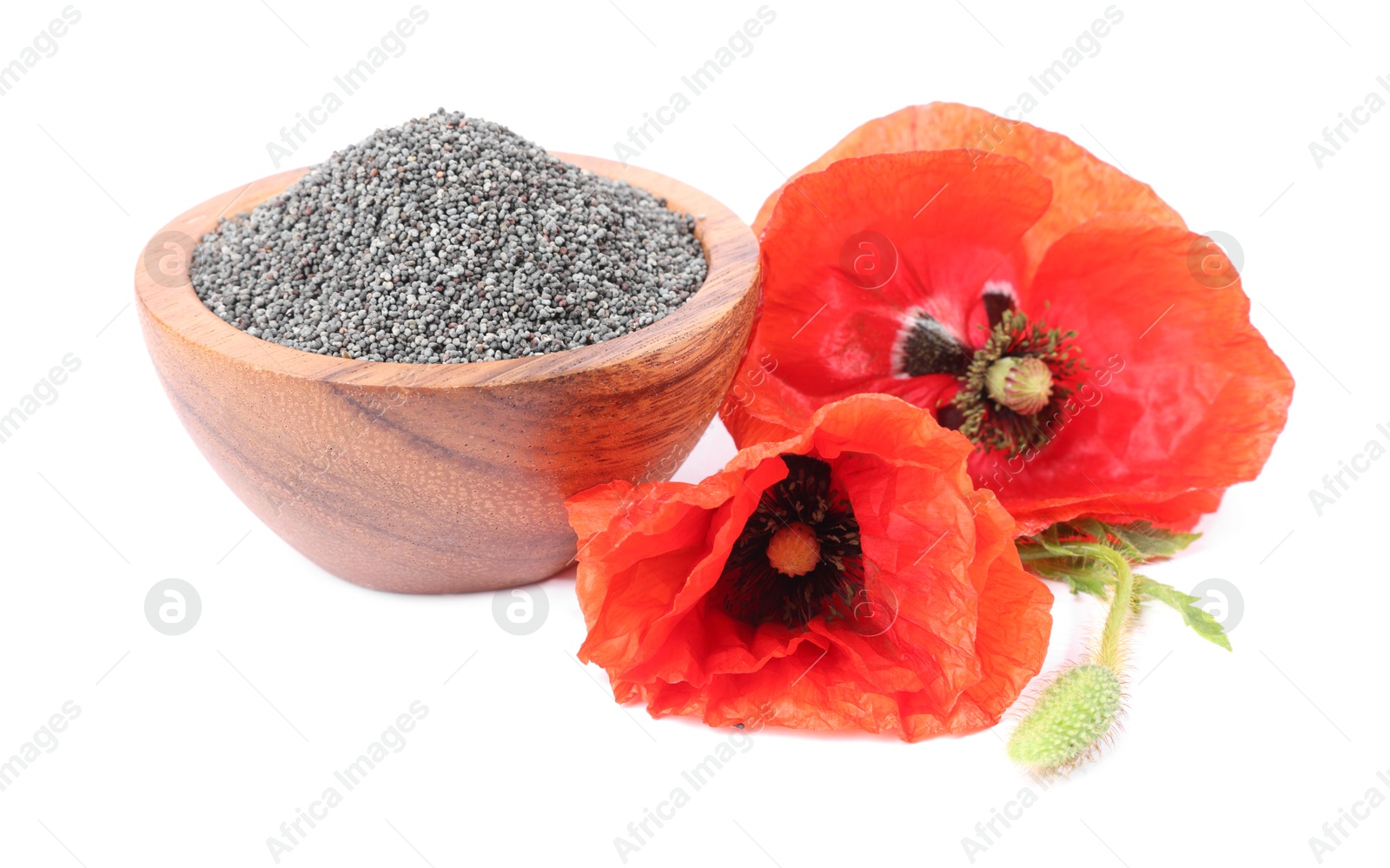 Photo of Poppy seeds in bowl and red flowers isolated on white