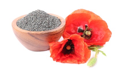 Photo of Poppy seeds in bowl and red flowers isolated on white