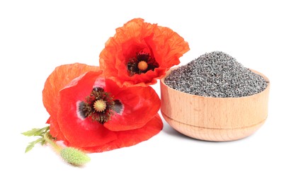 Photo of Poppy seeds in bowl and red flowers isolated on white