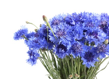 Photo of Bouquet of beautiful blue cornflowers isolated on white