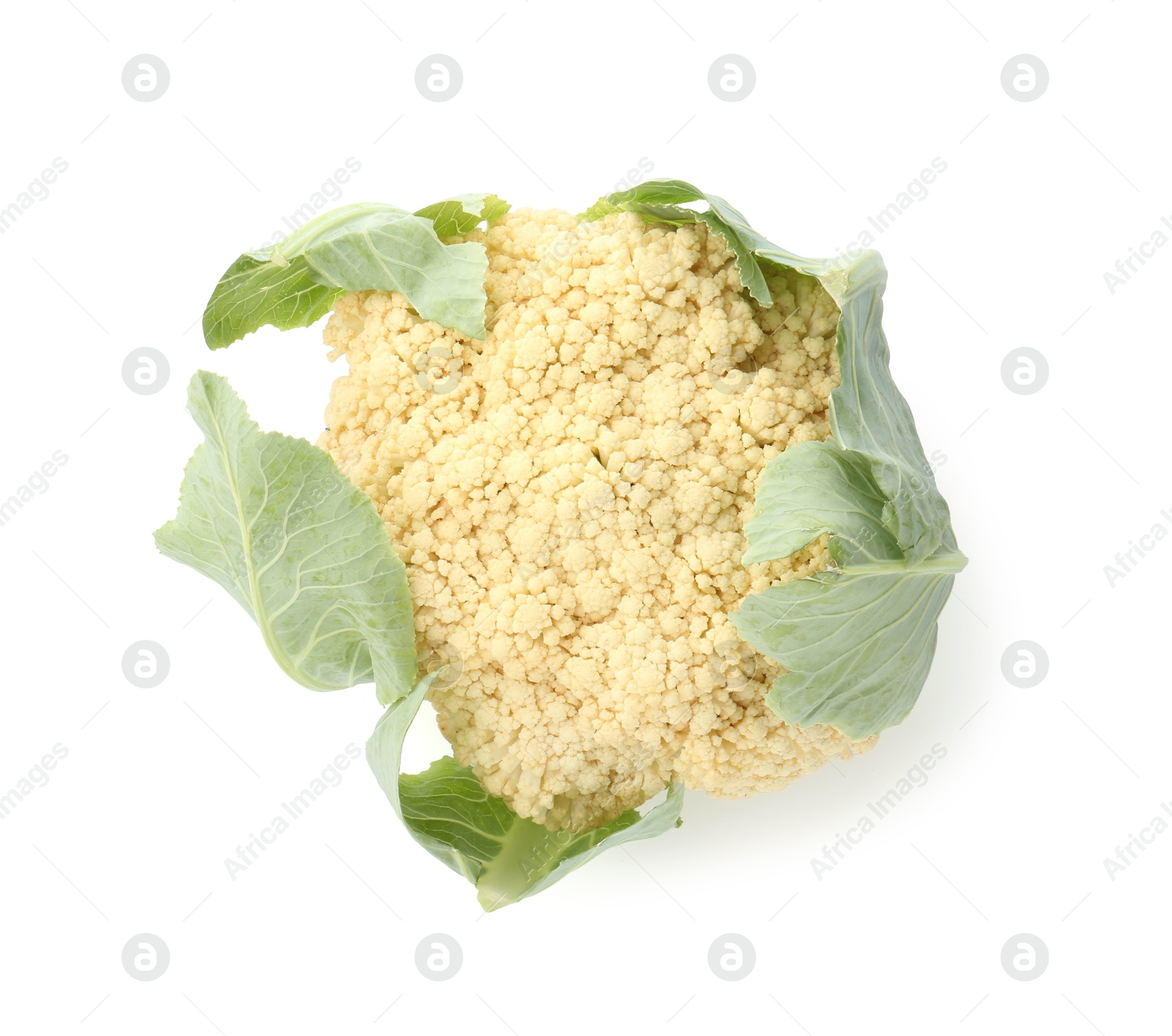 Fresh cauliflower with green leaves isolated on white, top view Photo of Fresh cauliflower with green leaves isolated on white, top view