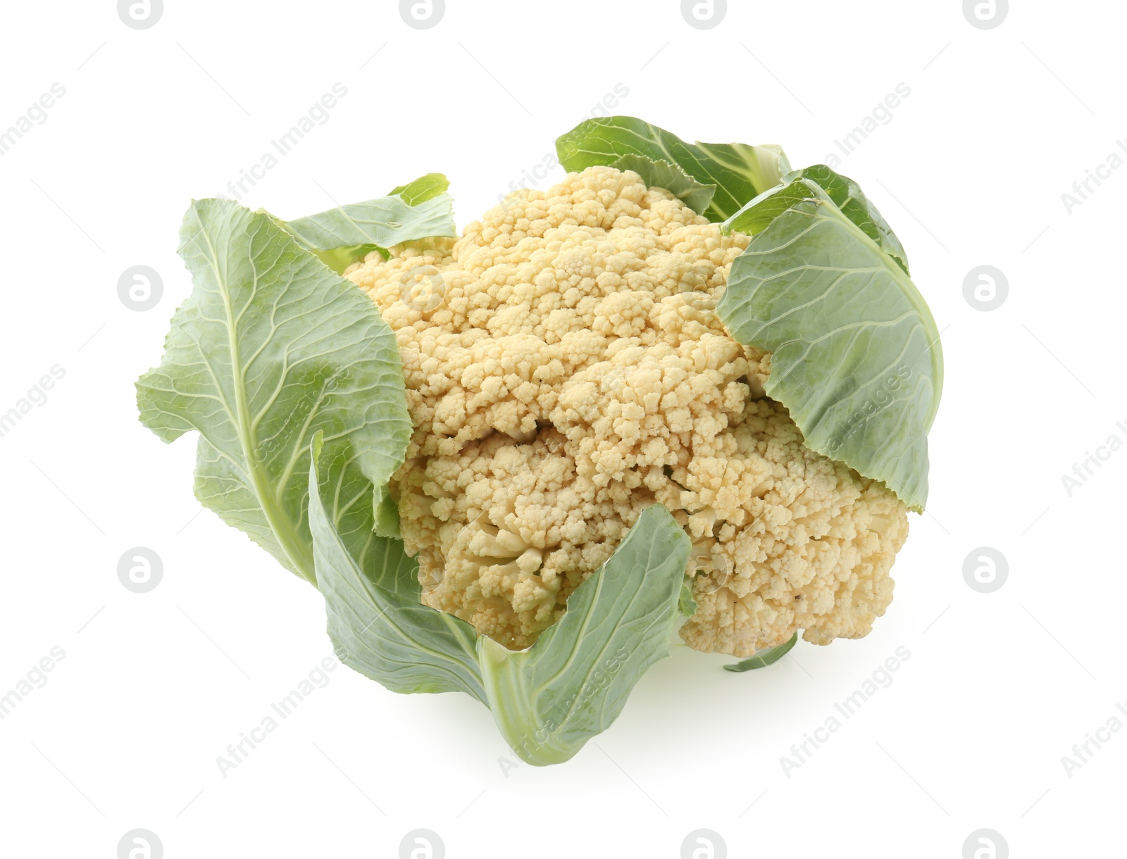 Fresh cauliflower with green leaves isolated on white, above view Photo of Fresh cauliflower with green leaves isolated on white, above view