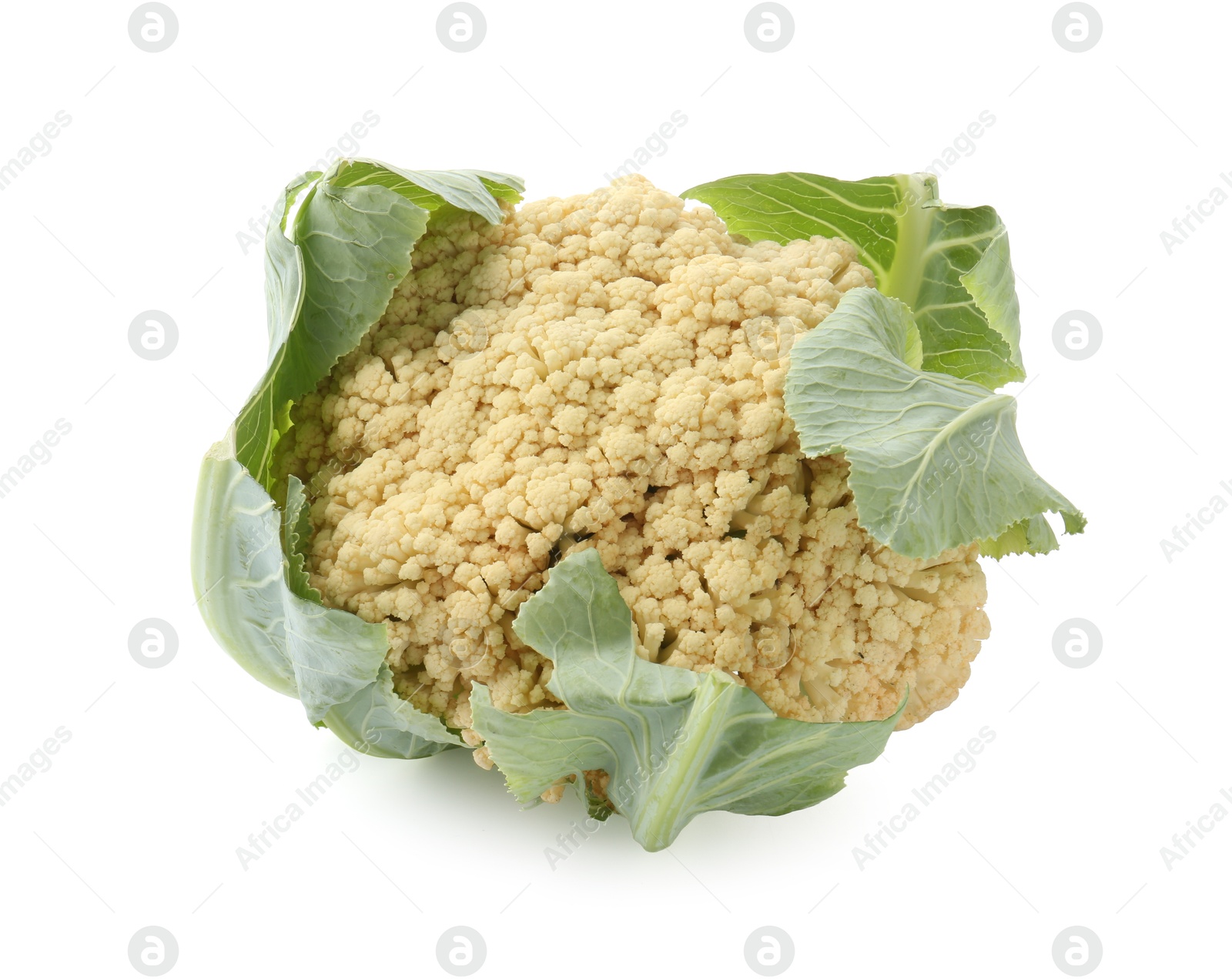Fresh cauliflower with green leaves isolated on white, above view Photo of Fresh cauliflower with green leaves isolated on white, above view