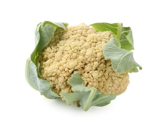 Photo of Fresh cauliflower with green leaves isolated on white, above view
