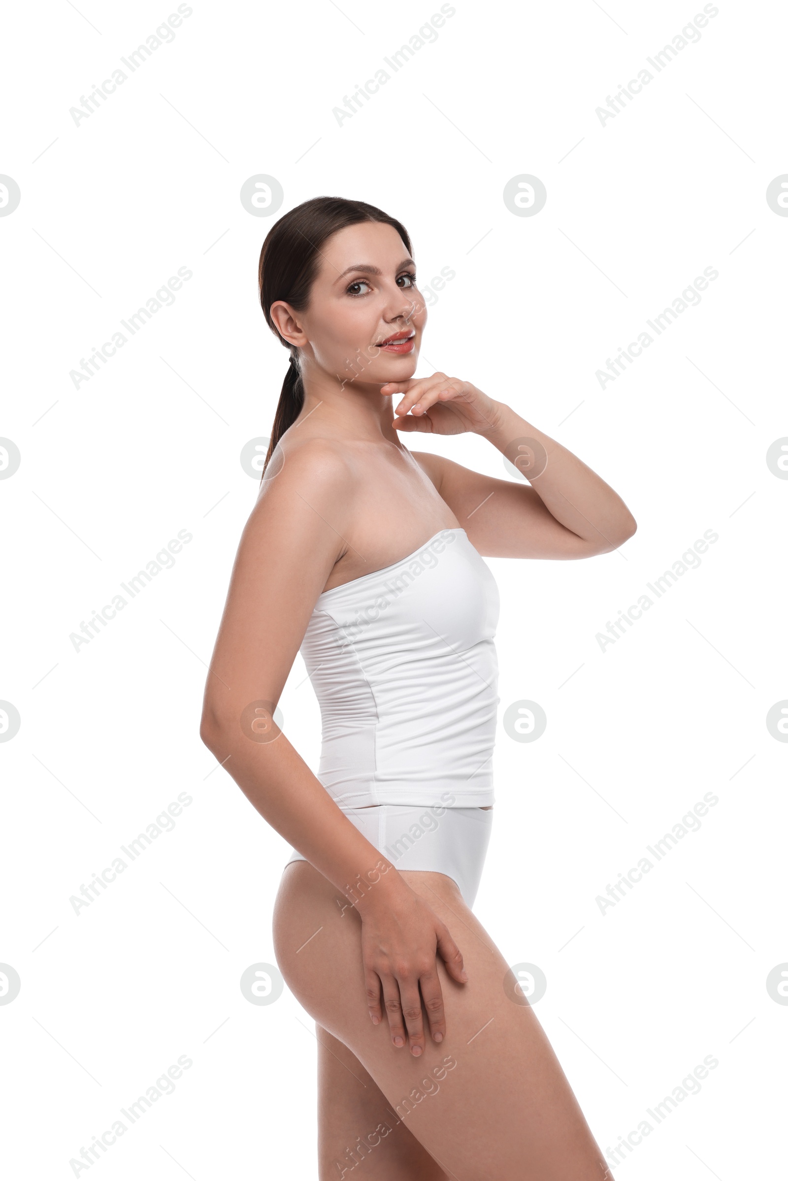 Beautiful woman in underwear on white background Photo of Beautiful woman in underwear on white background