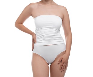 Photo of Woman in underwear on white background, closeup
