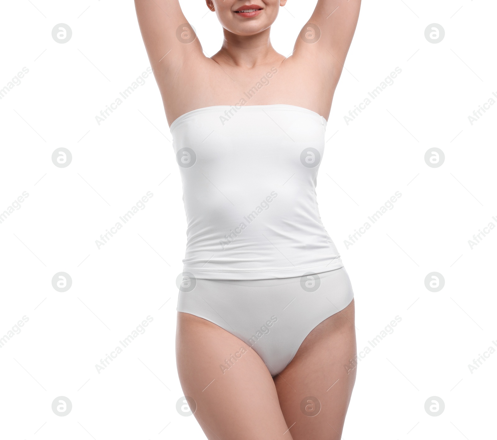 Woman in underwear on white background, closeup Photo of Woman in underwear on white background, closeup