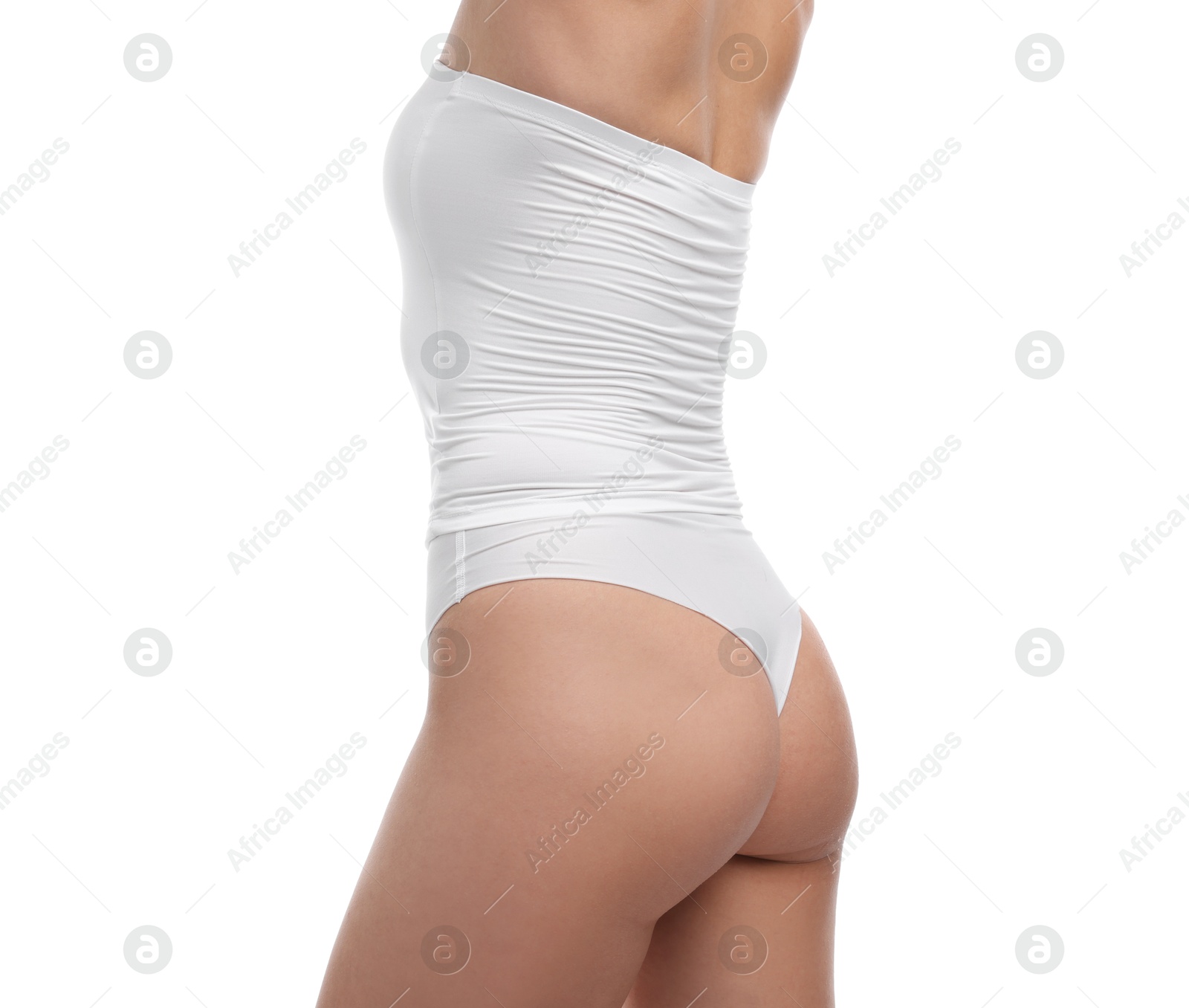 Woman in underwear on white background, closeup Photo of Woman in underwear on white background, closeup