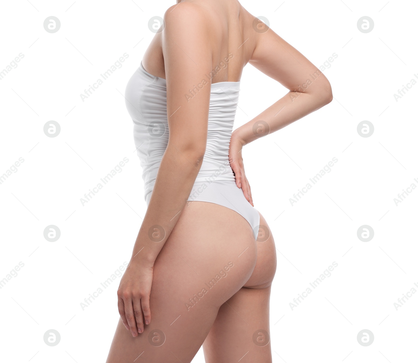 Woman in underwear on white background, closeup Photo of Woman in underwear on white background, closeup