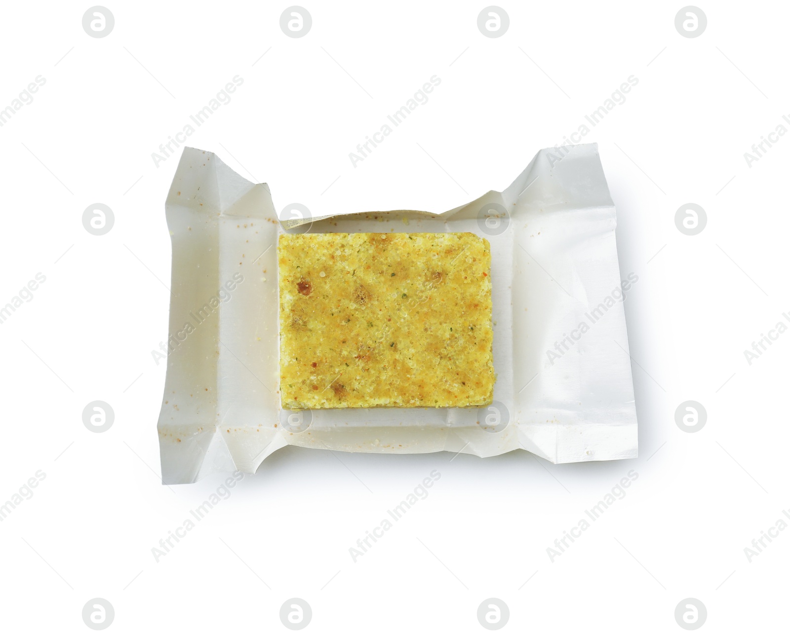 One aromatic bouillon cube isolated on white, top view Photo of One aromatic bouillon cube isolated on white, top view
