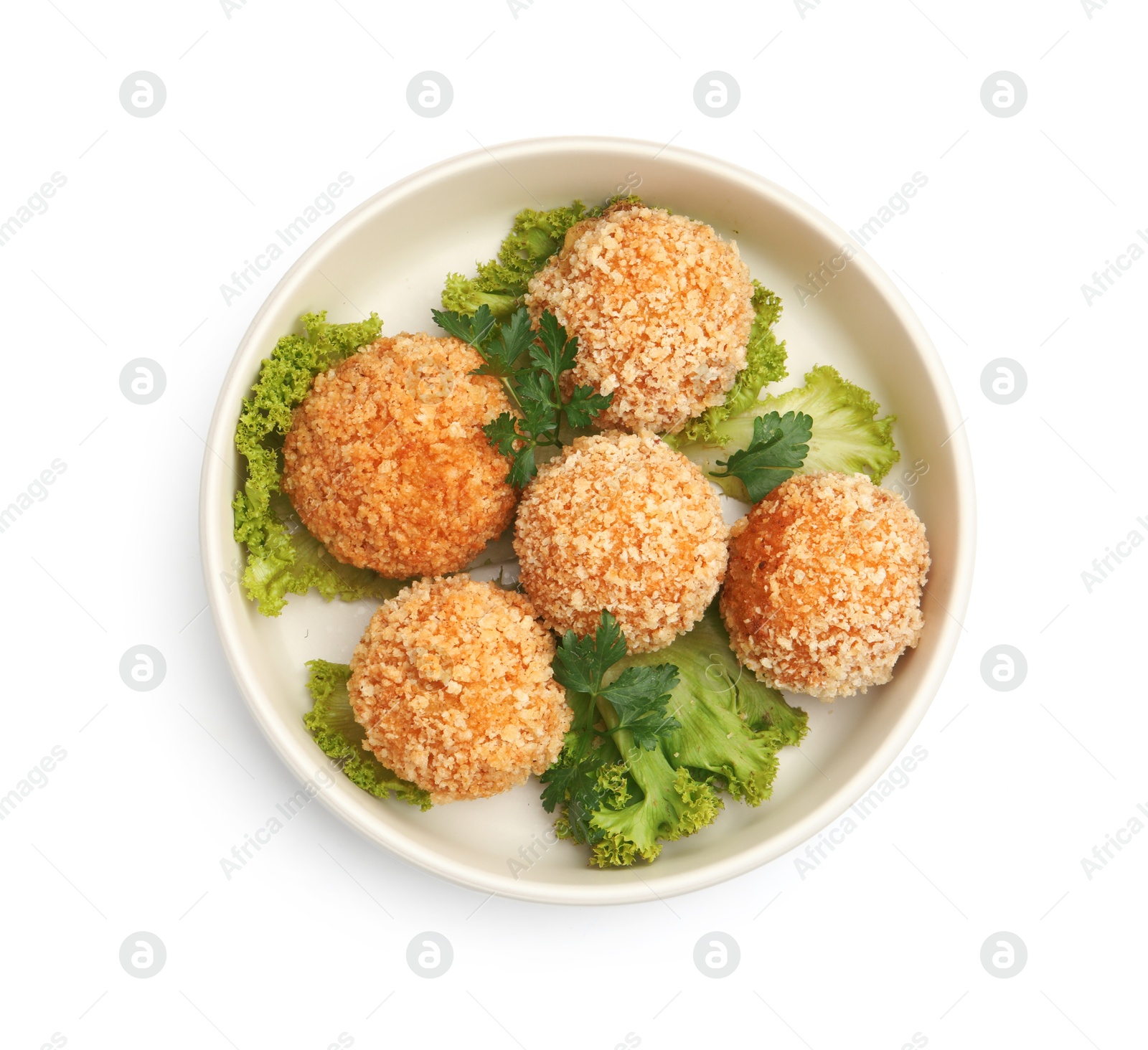 Delicious fried croquette balls with parsley and lettuce isolated on white, top view Photo of Delicious fried croquette balls with parsley and lettuce isolated on white, top view