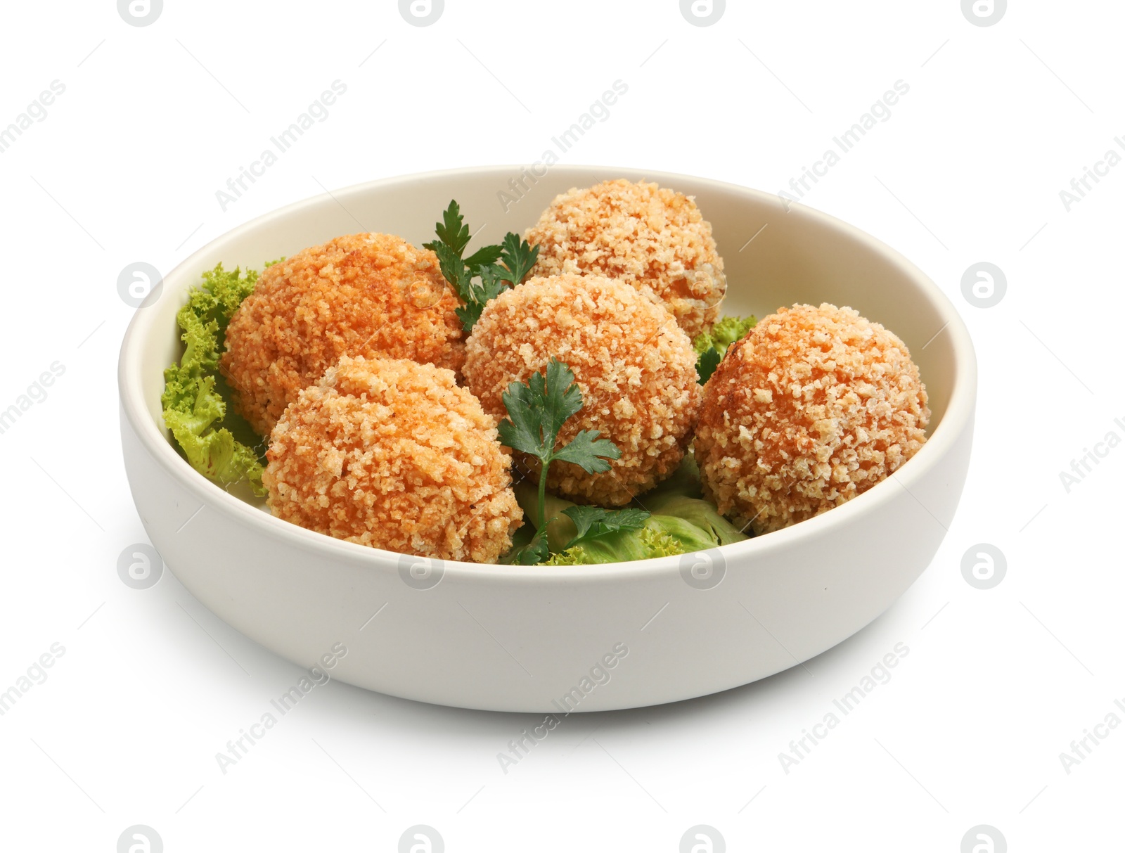 Delicious fried croquette balls with parsley and lettuce isolated on white Photo of Delicious fried croquette balls with parsley and lettuce isolated on white