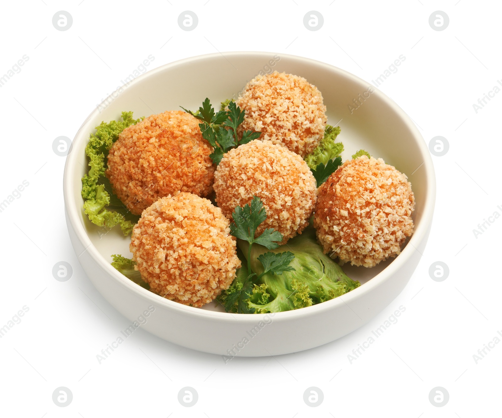 Delicious fried croquette balls with parsley and lettuce isolated on white Photo of Delicious fried croquette balls with parsley and lettuce isolated on white
