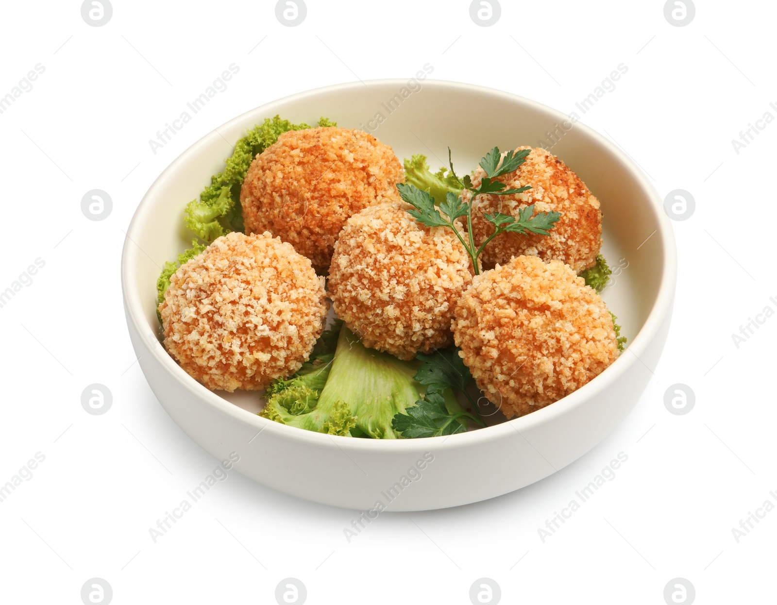 Delicious fried croquette balls with parsley and lettuce isolated on white Photo of Delicious fried croquette balls with parsley and lettuce isolated on white