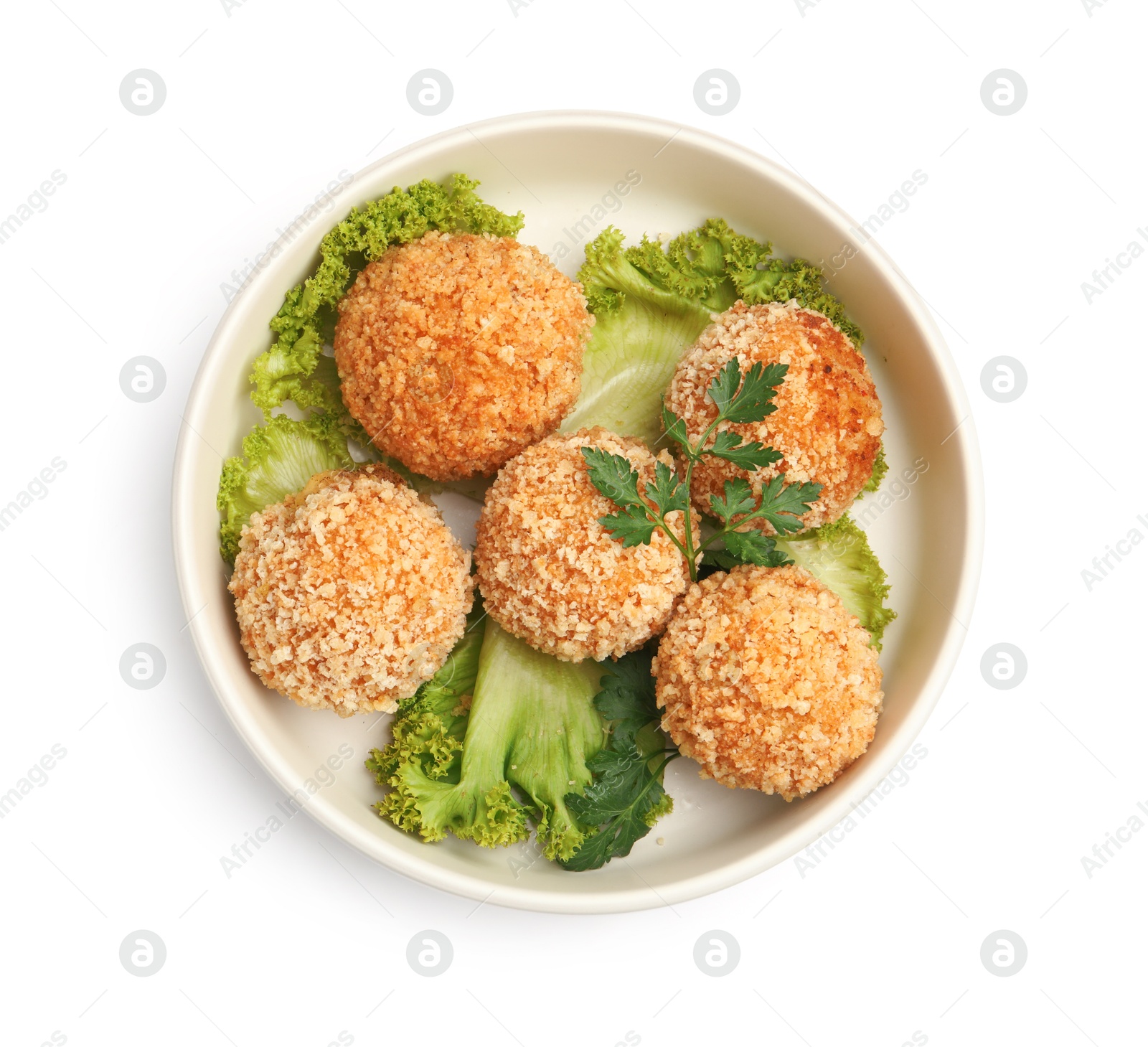 Delicious fried croquette balls with parsley and lettuce isolated on white, top view Photo of Delicious fried croquette balls with parsley and lettuce isolated on white, top view