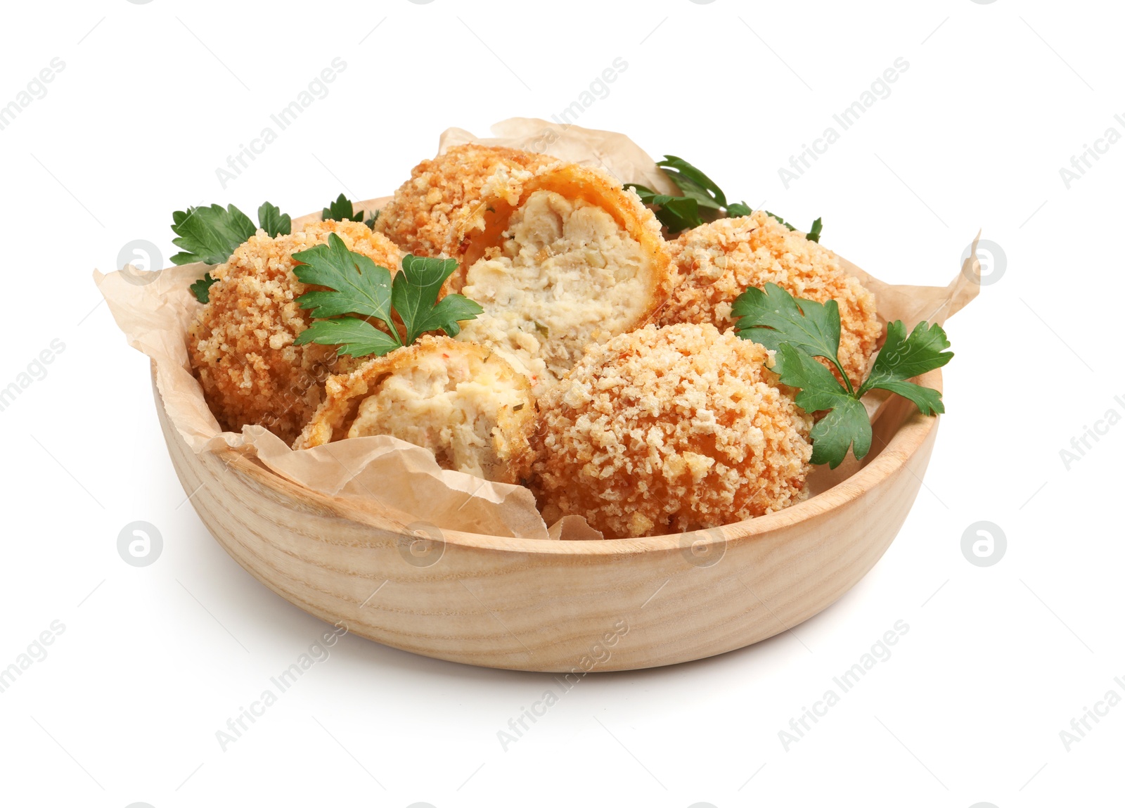 Delicious fried croquette balls with parsley isolated on white Photo of Delicious fried croquette balls with parsley isolated on white