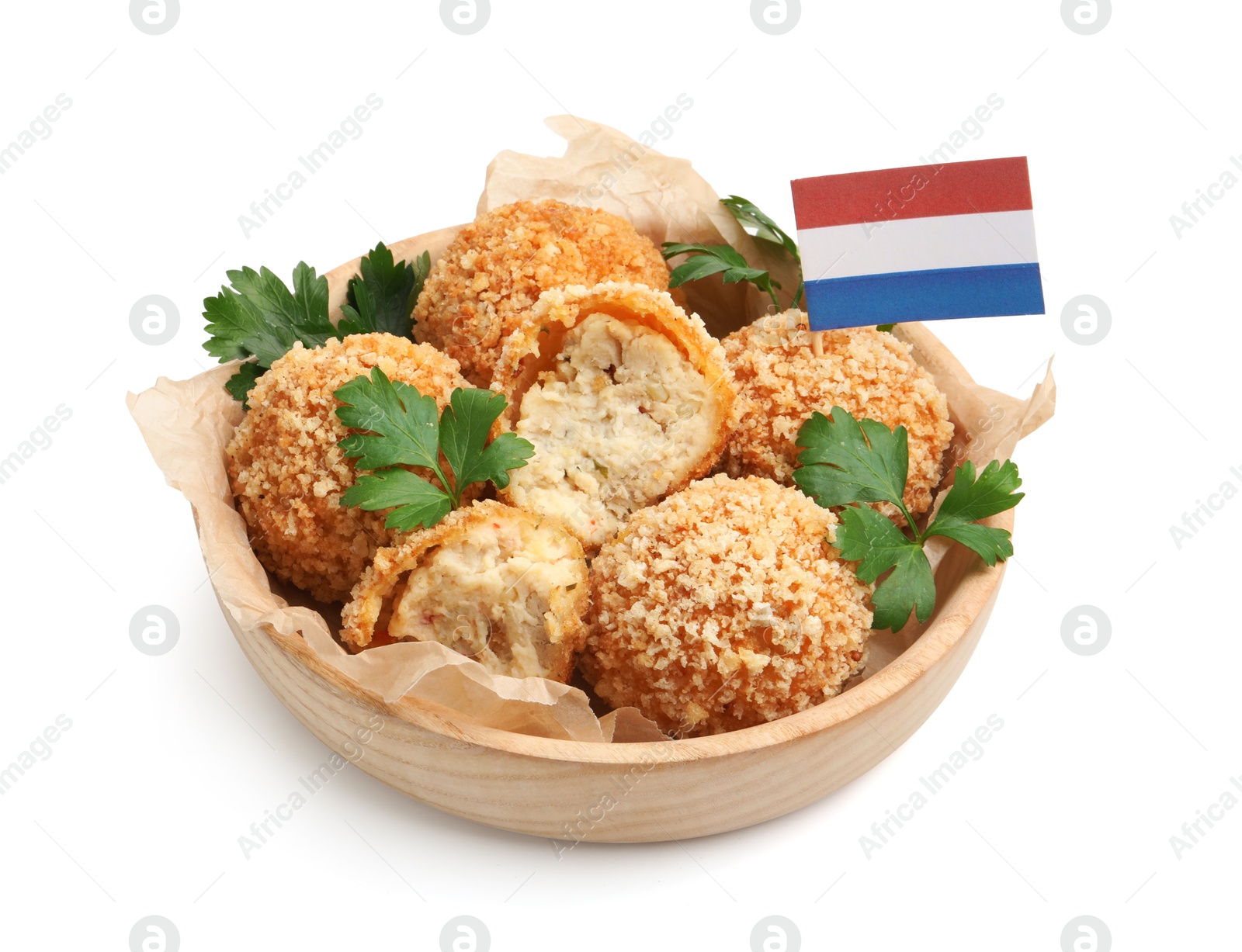 Photo of Delicious fried croquette balls, parsley and small flag of Netherlands isolated on white
