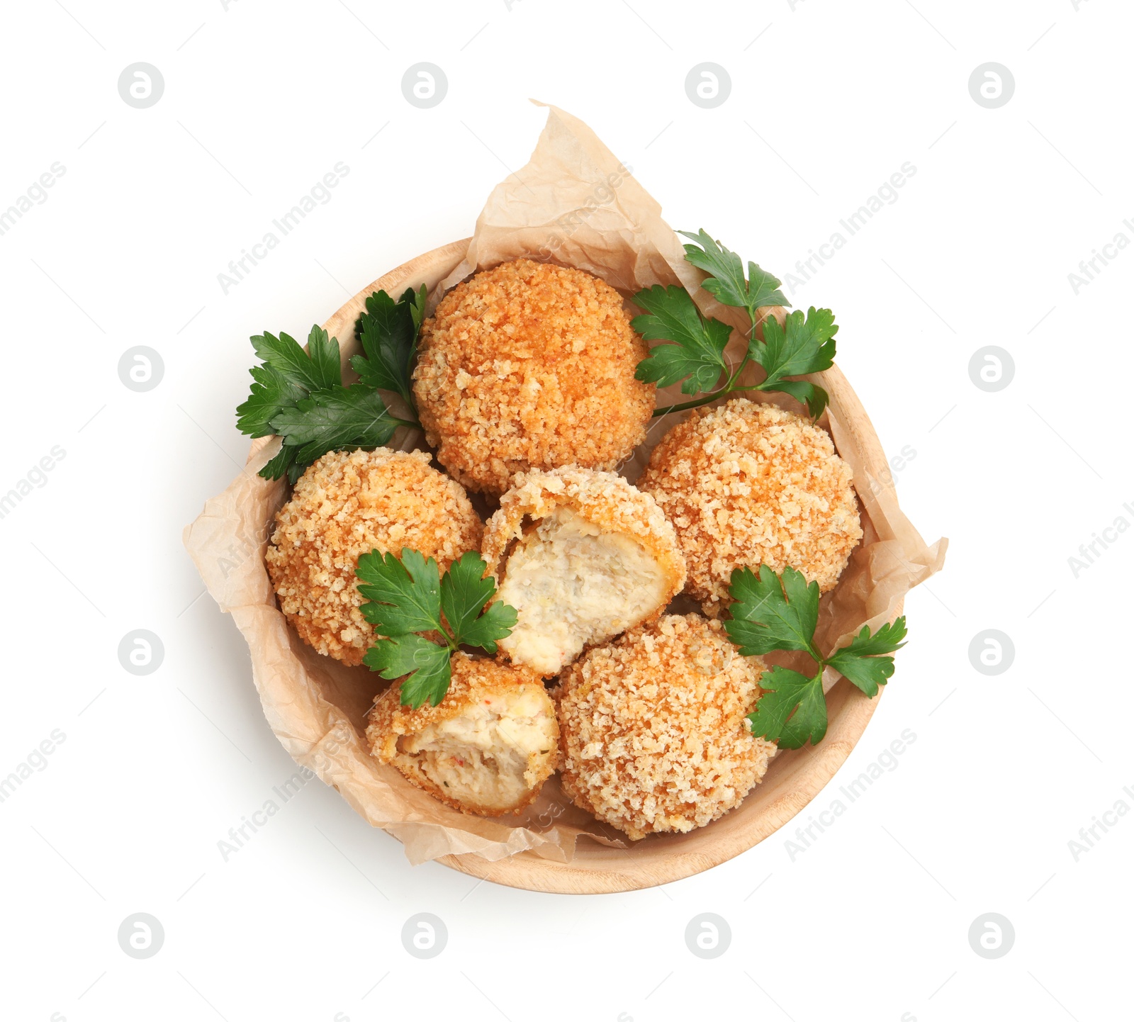 Delicious fried croquette balls with parsley isolated on white, top view Photo of Delicious fried croquette balls with parsley isolated on white, top view