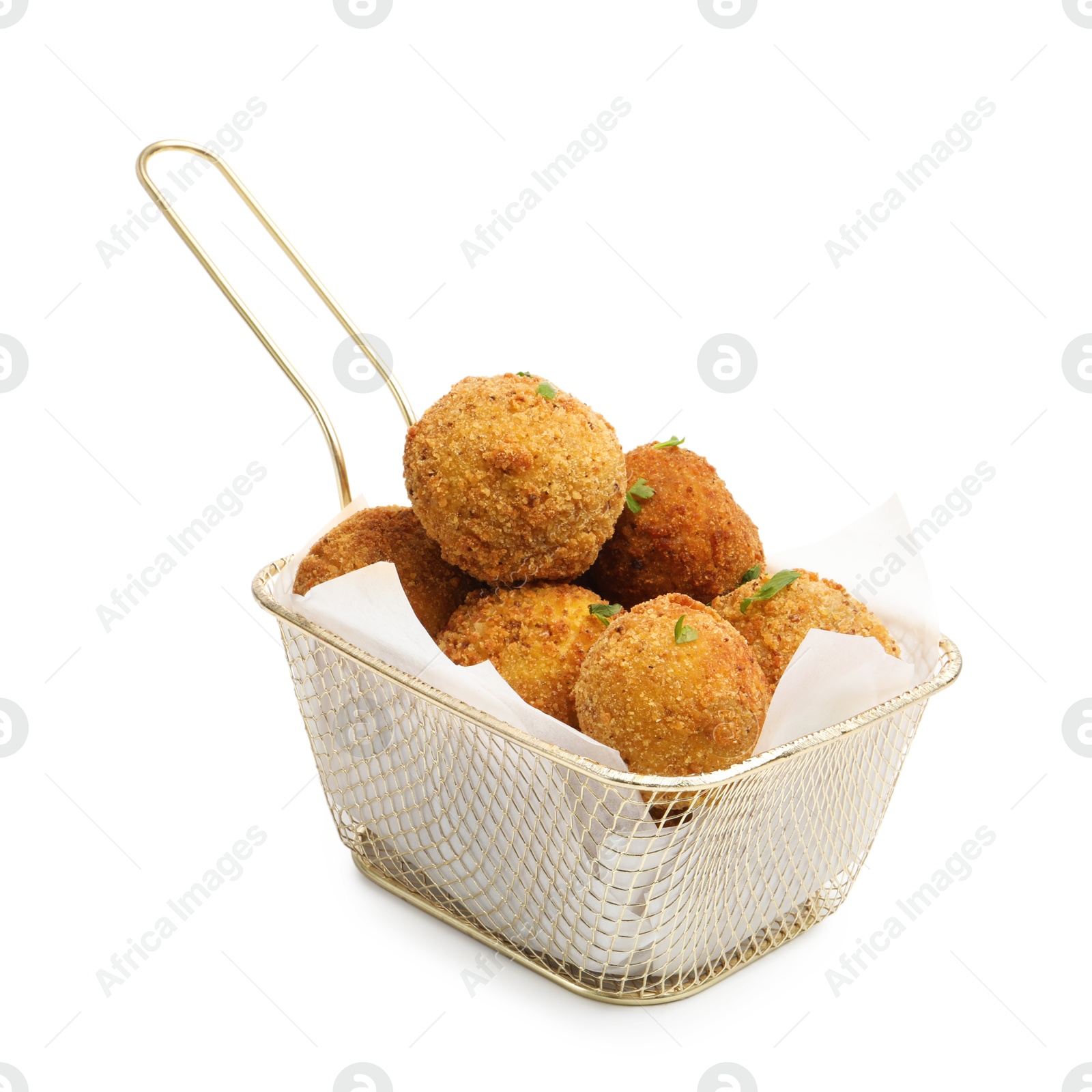 Delicious fried croquette balls with parsley in metal basket isolated on white Photo of Delicious fried croquette balls with parsley in metal basket isolated on white