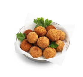 Photo of Delicious fried croquette balls with parsley in bowl isolated on white