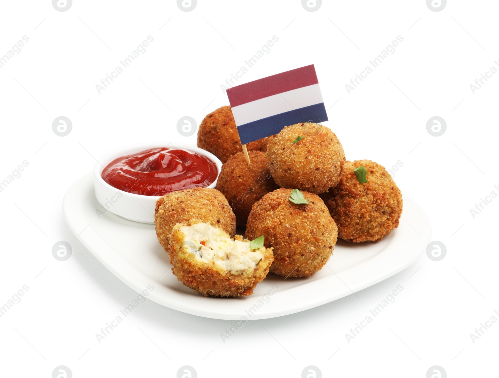 Delicious fried croquette balls with parsley, ketchup and small flag of Netherlands isolated on white Photo of Delicious fried croquette balls with parsley, ketchup and small flag of Netherlands isolated on white