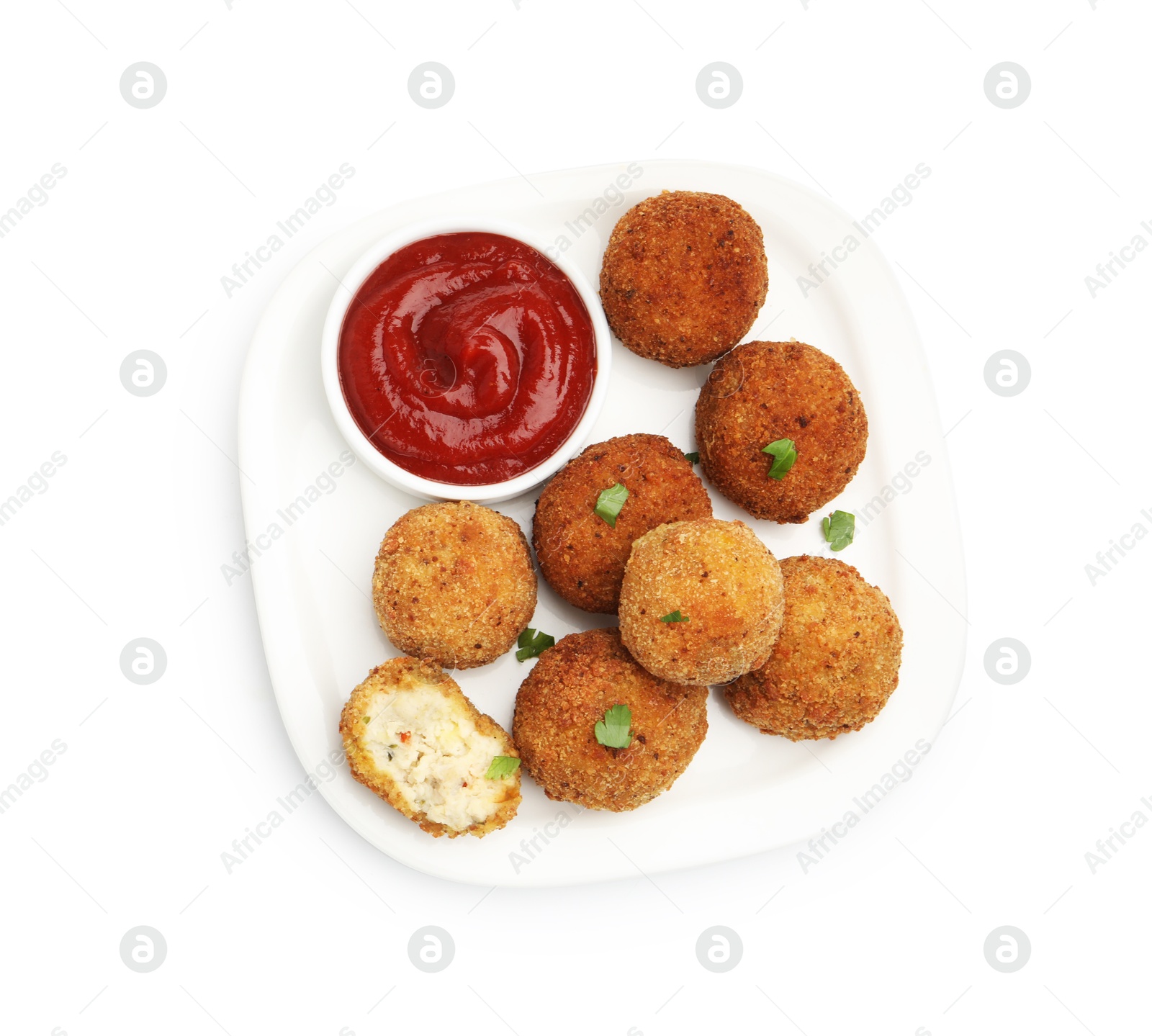 Delicious fried croquette balls with parsley and ketchup isolated on white, top view Photo of Delicious fried croquette balls with parsley and ketchup isolated on white, top view