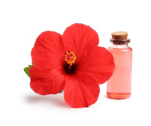 Photo of Beautiful red hibiscus flower and cosmetic product isolated on white