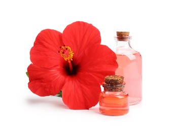 Photo of Beautiful red hibiscus flower and cosmetic products isolated on white