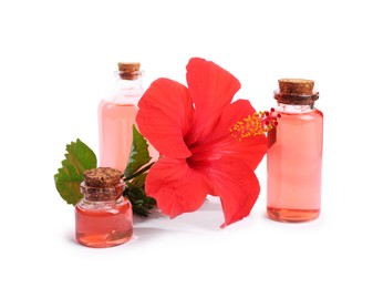Photo of Beautiful red hibiscus flower and cosmetic products isolated on white