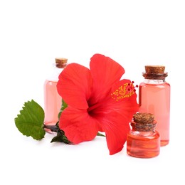 Photo of Beautiful red hibiscus flower and cosmetic products isolated on white
