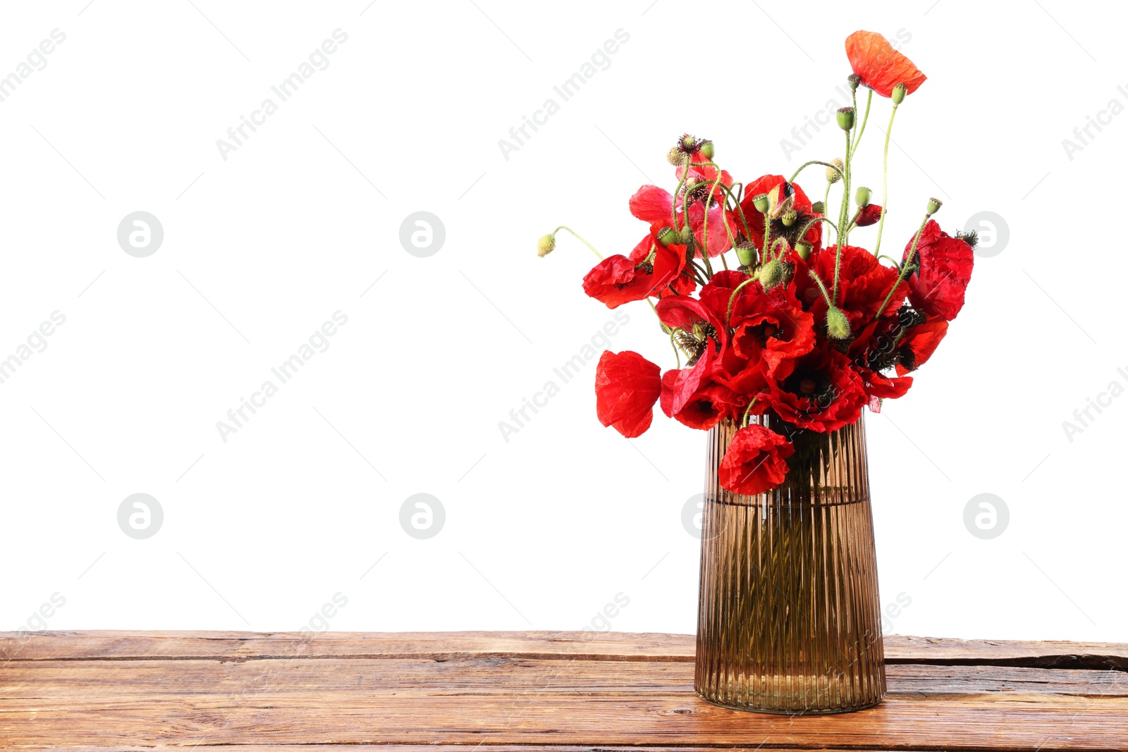 Photo of Beautiful red poppy flowers in vase on wooden table against white background