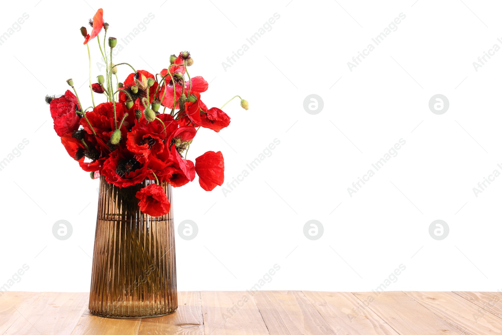 Beautiful red poppy flowers in vase on wooden table against white background Photo of Beautiful red poppy flowers in vase on wooden table against white background