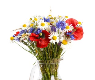 Photo of Beautiful wildflowers in vase isolated on white
