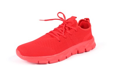 Photo of One stylish red sneaker on white background
