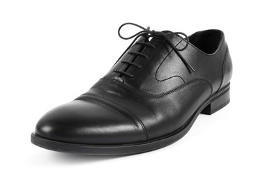 Photo of One black leather shoe on white background
