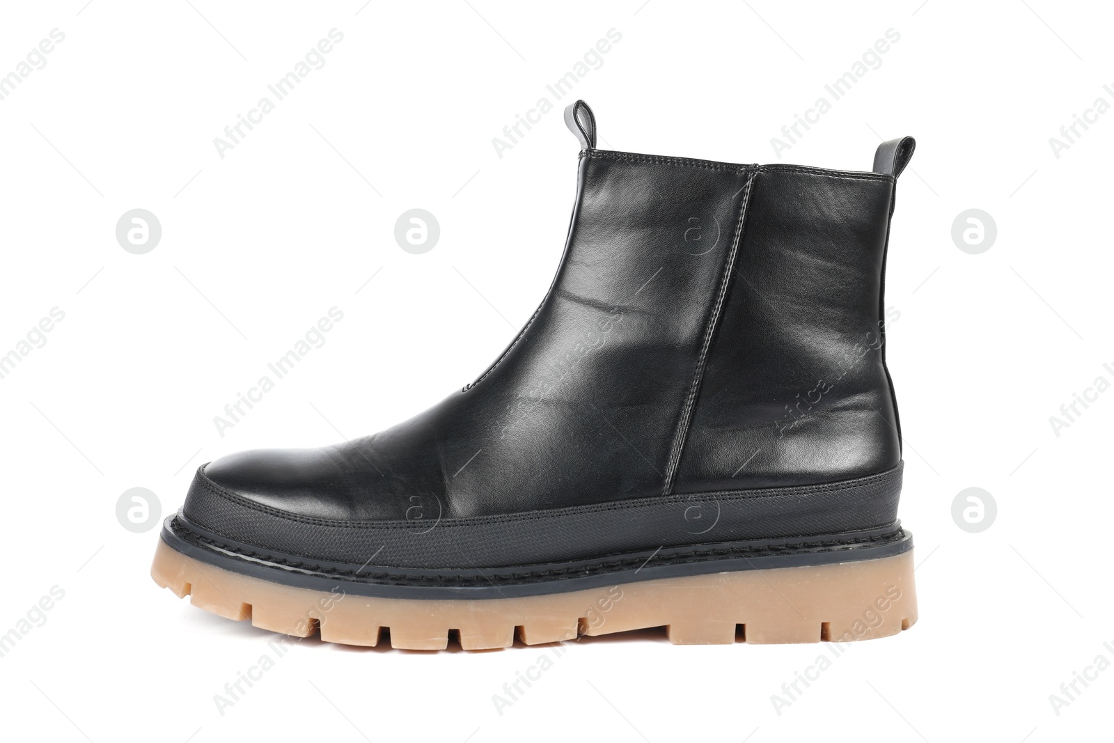 Photo of One stylish black boot on white background