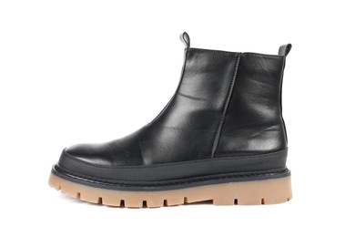 Photo of One stylish black boot on white background