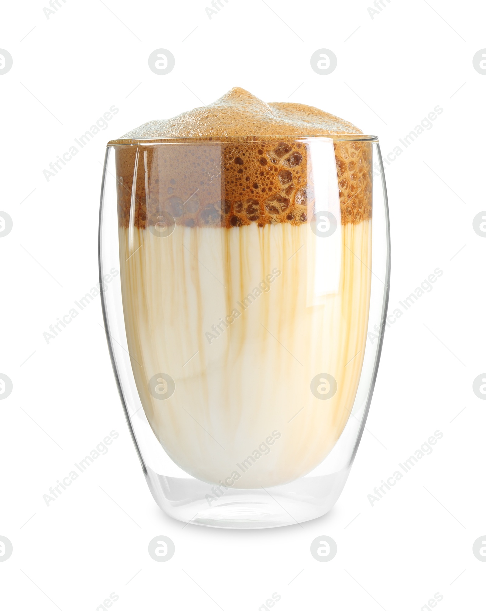 Photo of Delicious dalgona coffee in glass isolated on white