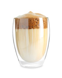 Photo of Delicious dalgona coffee in glass isolated on white
