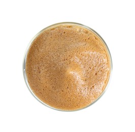 Photo of Delicious dalgona coffee in glass isolated on white, top view